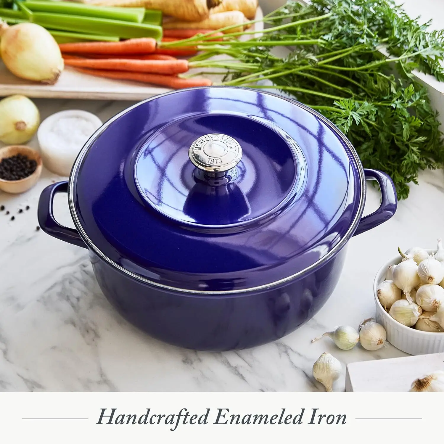 German Enameled Iron, Round 5.3QT Dutch Oven Pot with Lid, Cobalt Blue