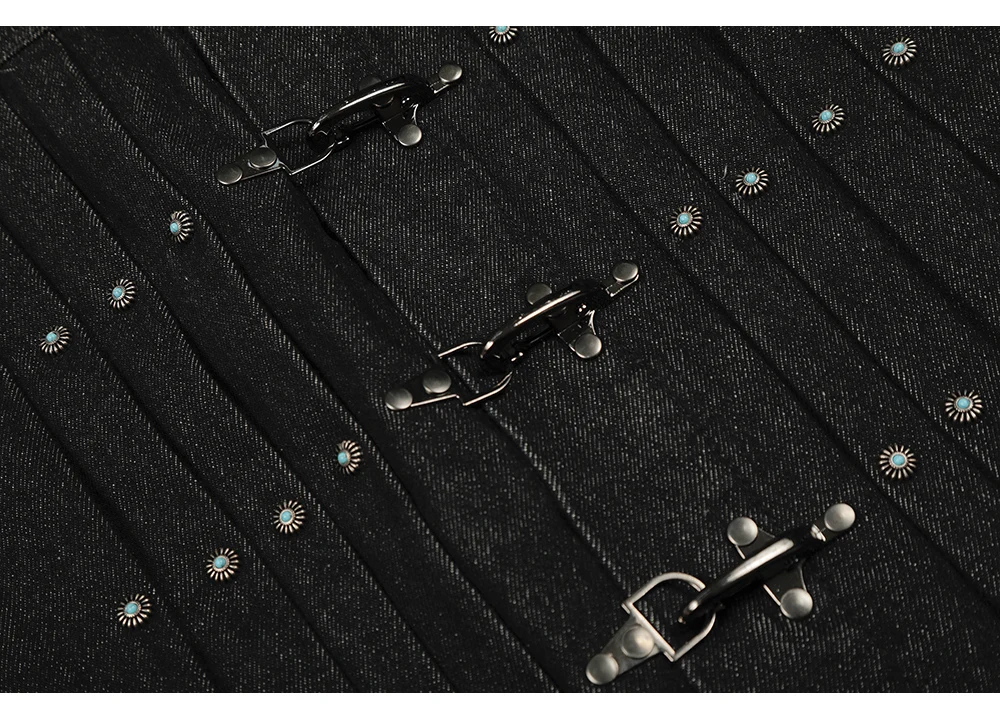 Herren Vintage-Jeansjacke mit Flugzeug-Schnalle, Türkis-Knopf-Mantel, lässige amerikanische Retro-Streetwear, schwarze kurze Oberbekleidung – Detail 8