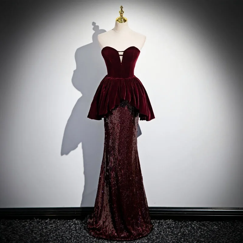 

Sexy Burgundy Evening Dress Extravagant Mermaid Strapless Sleeveless Backless Sweetheart Neckline Sequin Celebrity Gown