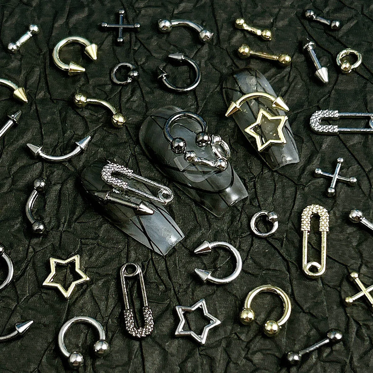10Pcs Punk Y2K Nail Piercing Charms  Gold Silver Mixed C Ring Star Safety Pin Spike Barbell 3D Metal Nail Manicure Decor