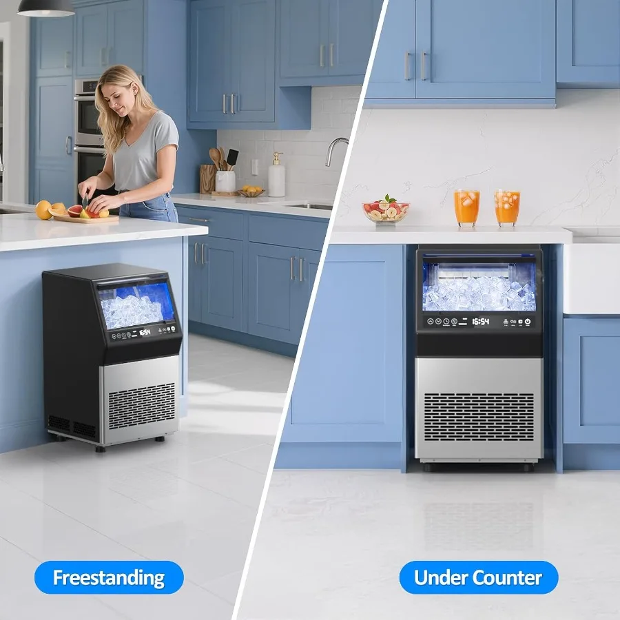 ماكينة صنع الثلج التجارية - ماكينة صنع الثلج بقدرة 110 رطل/24 ساعة، 45 مكعبًا في 8-20 دقيقة مع 3 صنبور إبريق بسمك الثلج