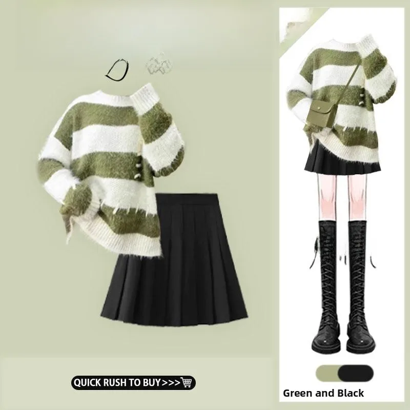 Conjunto de Falda y Suéter a Rayas Estilo Japonés para Mujer, Otoño-Invierno, Tejido Suave, Cintura Alta, Plisado, Línea A, a la Moda