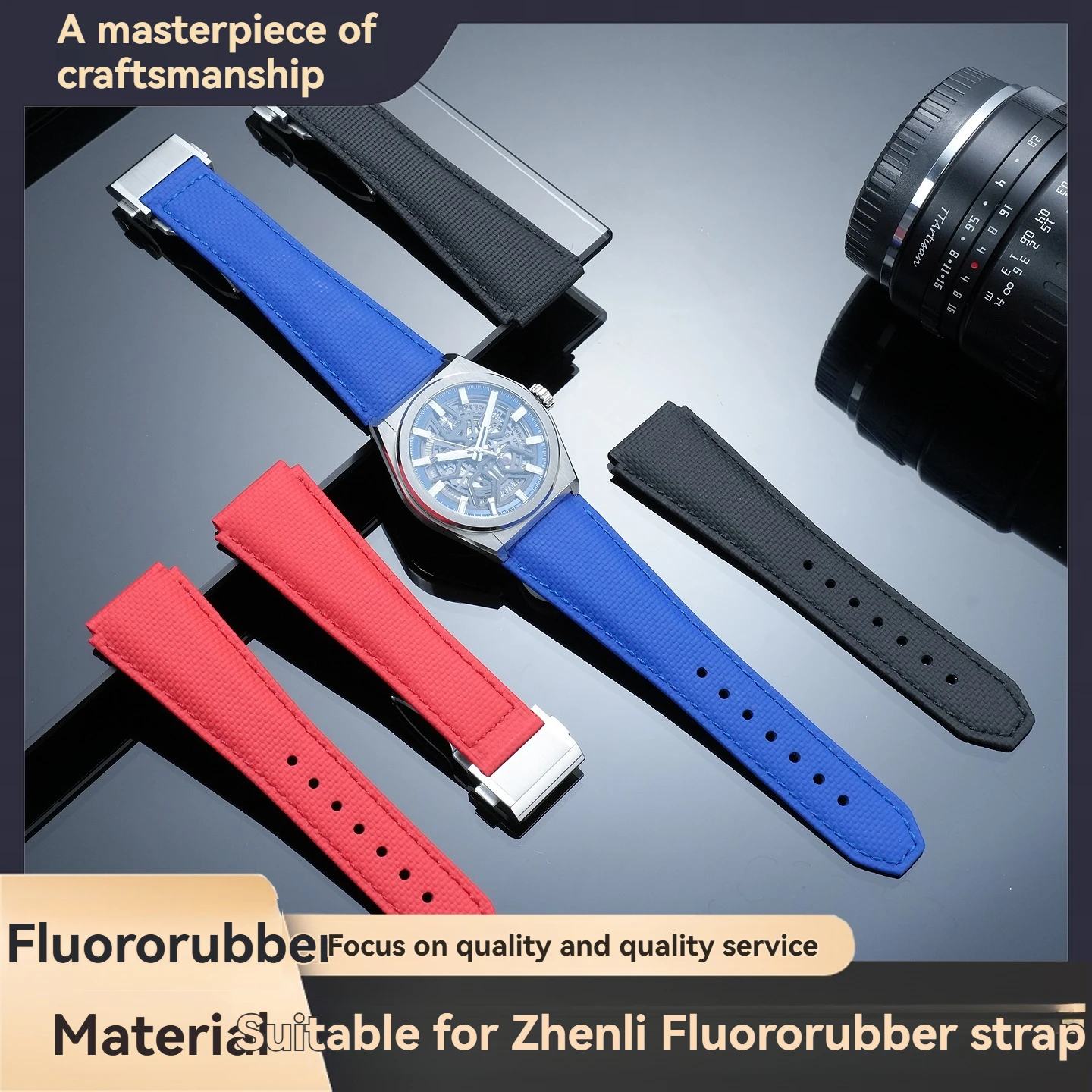 Durable FMK Fluoro Rubber Top Cowhide Base Wristband for ZENITH DEFY 95.9000 Watch Replacement Strap 22mm