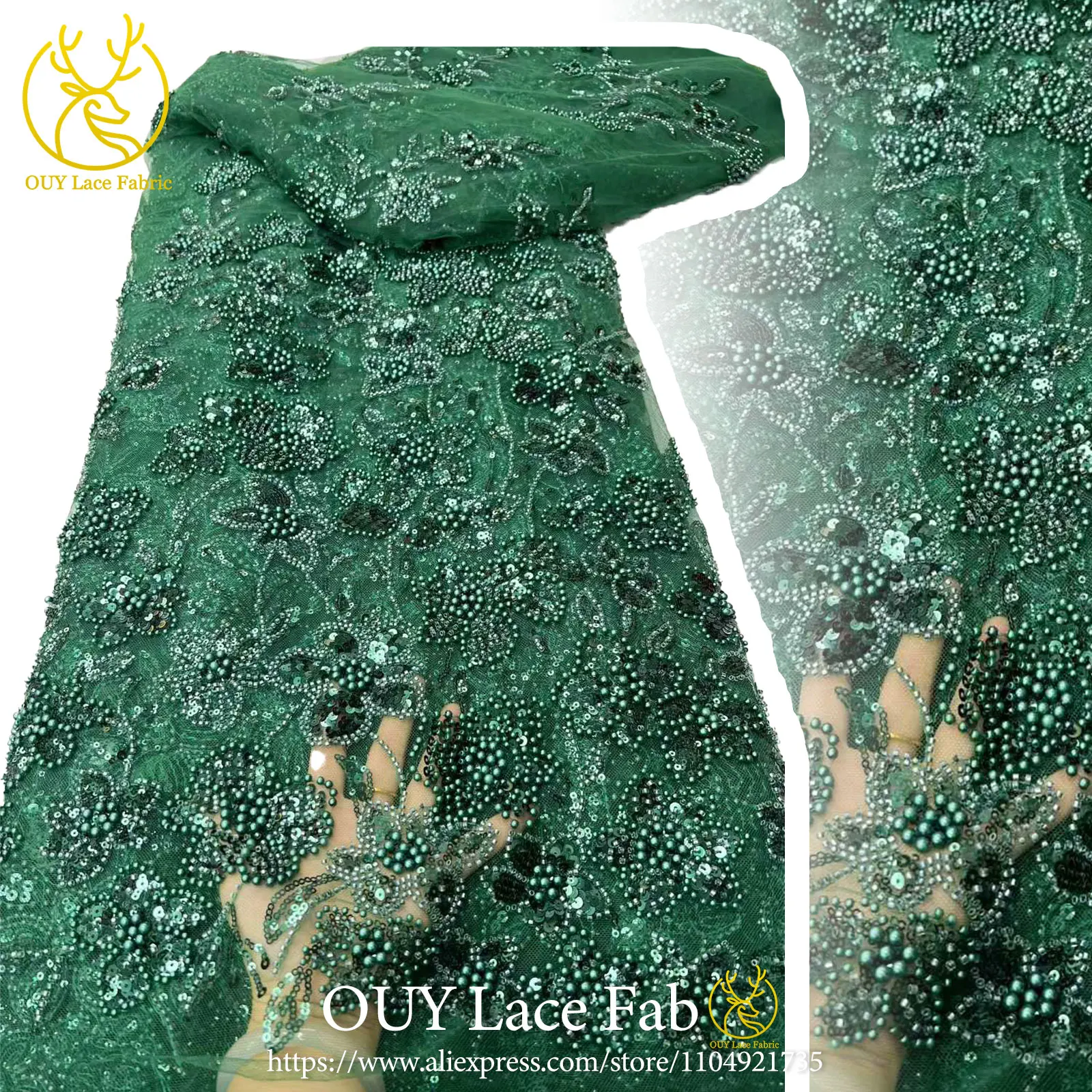 

Green African Beaded Tulle Lace Fabric 2026 High-Quality Nigerian Sequin Lace Fabric Ideal for Party Dresses and Wedding Gowns