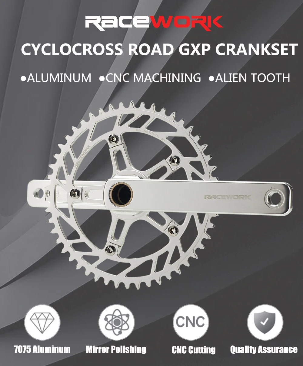 RACEWORK Rennrad-Kurbelgarnitur, 10/11/12 Gänge, silber/schwarz, glänzend polierte Kurbel, 170 mm Aluminium-Einzel- und Doppelscheiben-Kettenrad – Detail 1