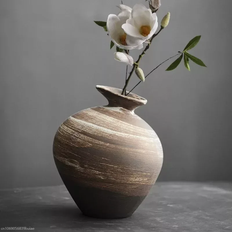 Black Terracotta Vase Imitation Stone Abstract Flower Arranger Table Top Vintage Ornament Living Room Flower Vase Japanese Style