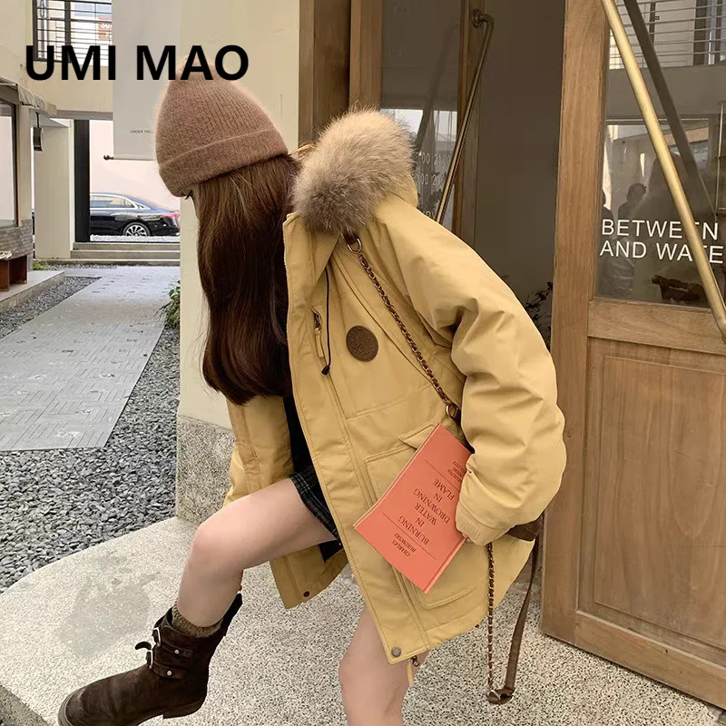

UMI MAO Желтый пуховик женский зимний новый дизайн с большим меховым воротником спецодежда парка уличный стиль толстый 90 белое пальто на утином пуху