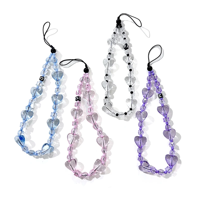 Y2K Love Heart Bead Phone Lanyard Simple Clear Beads Phone Strap Keychain Anti Lost Phone Chain Wristband Camera Charms