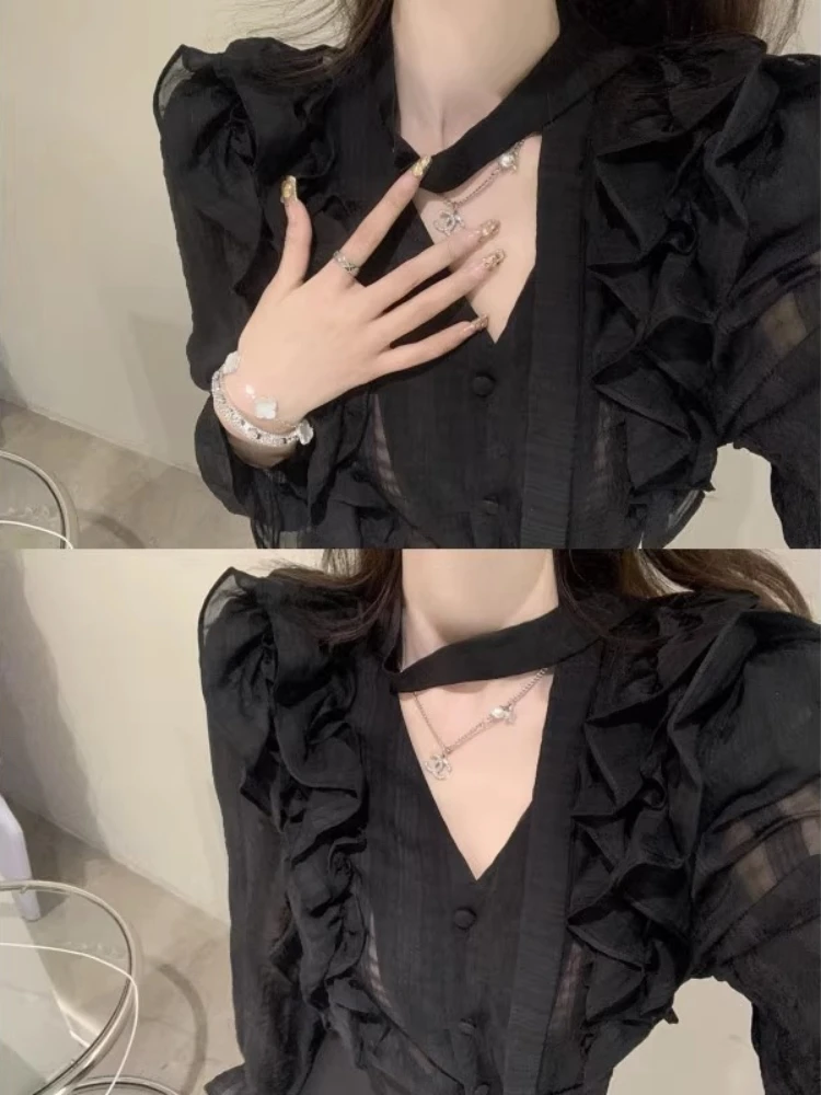 

Black V-Neck Tulle Silk Shirt Women's Sweet And Spicy Girl Design Sensation Small Elegant Beautiful Top for Autumn