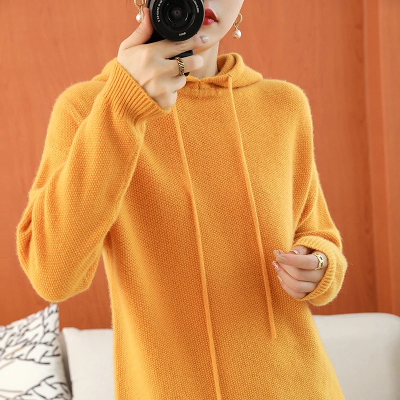 

Women's boutique high-end hooded sweater knitted cashmere sweater hooded collar pullover long sleeved new cashmere sweater