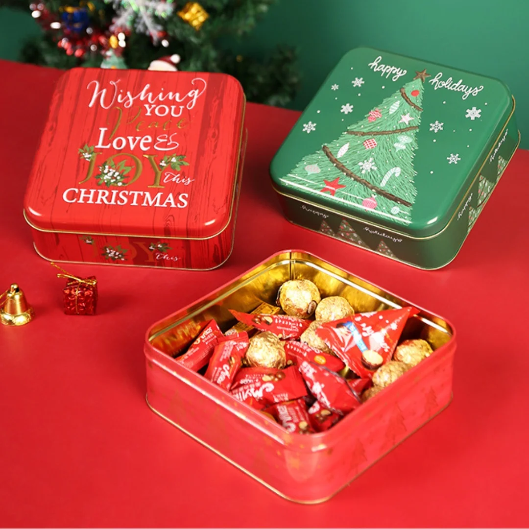 Christmas Candy Storage Box Tinplate Square Gift Box Cute Cartoon Baking Cookie Box Home Storage Large Capacity Metal Can