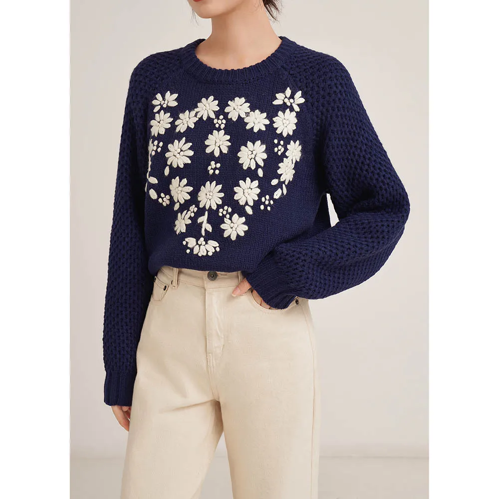 Vintage Embroidery Crew-neck Sweater 2023 Winter Women Clothes Pullover Knitted Top Classic