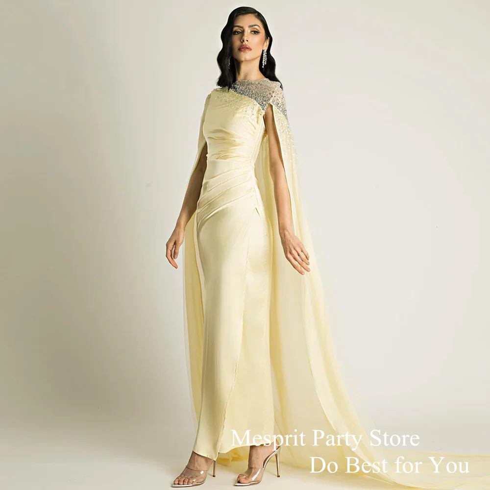 Light Yellow Evening Dress Round Neck Luxury Sequined Sheath Saudi Arab Prom Dresses Ankle Length Formal Occasion Gown