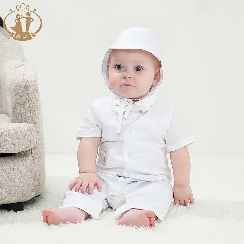 White Baby Boy Clothes Set Baptism Outfits Summer Solid Full Sleeve Suit Lace Christening Gown Newborn Gentleman Birthday