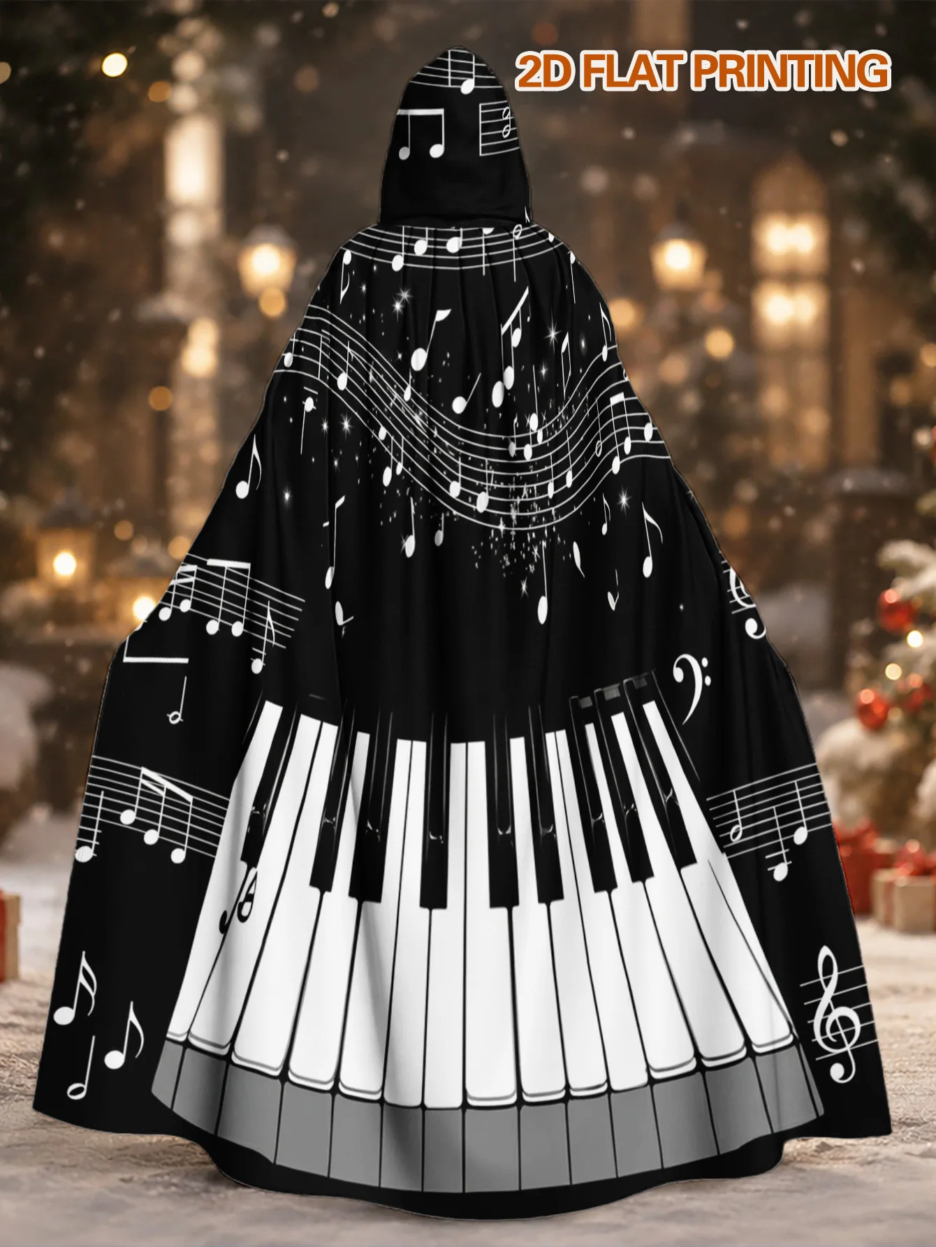 Customization 1pc Musical & Piano Key Hooded Robe Cape - Loose-Fit Stretchable Polyester Costume Suitable For Halloween, Christm