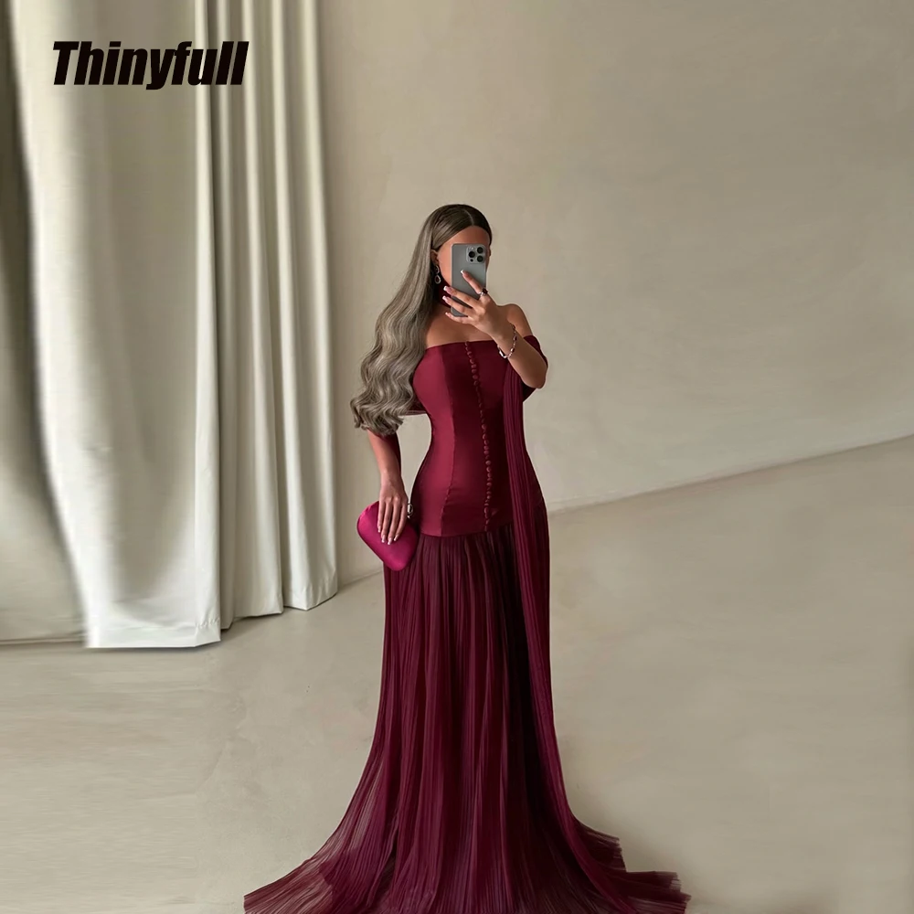 

Thinyfull A-line Tulle/Satin Prom Dresses Sleeveless Strapless Arab Evening Gown Dubai Formal Dress robes de soirée Customized
