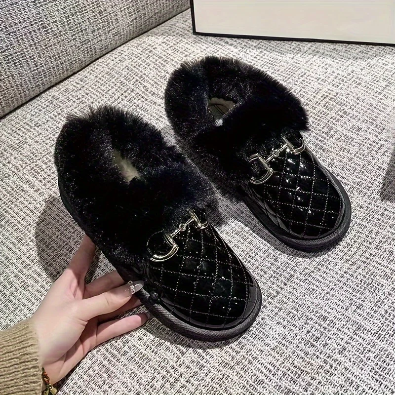 Women's Metallic Buckle Decor Fluffy Loafers Quilted Pattern Soft Sole Platform Shoes Winter Plush Round Toe Snow Shoes