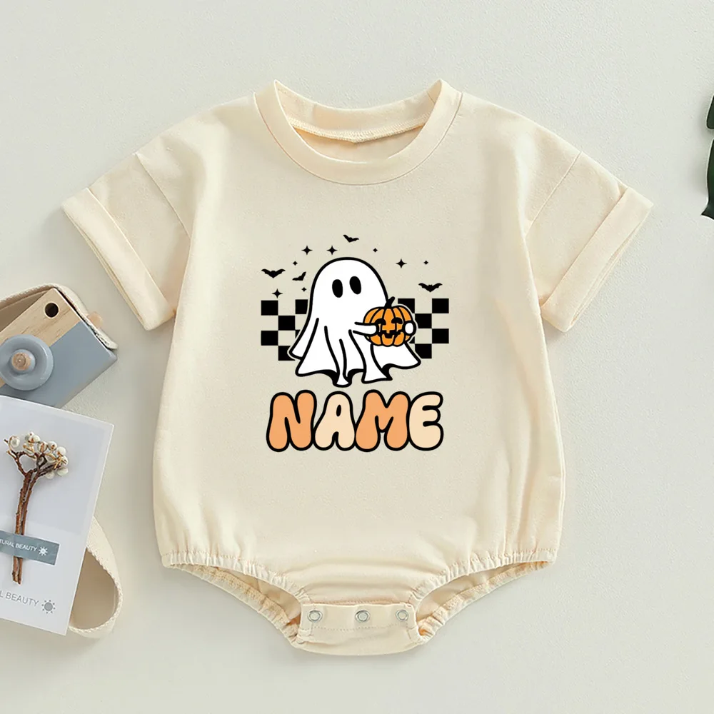 Personalized Ghost Name Baby Bubble Romper Custom Name Retro Halloween Natural Bodysuit Infant Ghost Jumpsuit Halloween Clothes