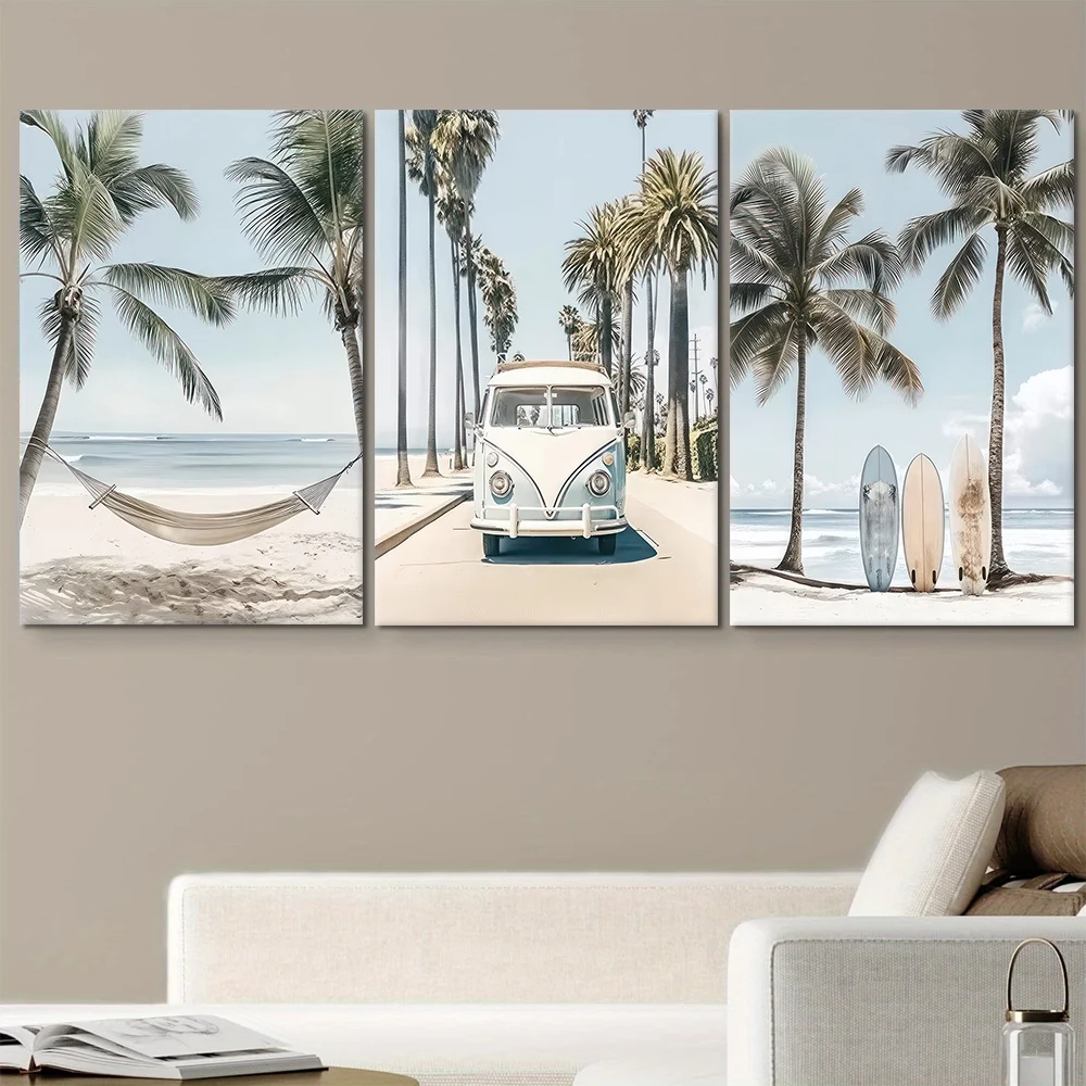3 pieces of tropical style coconut tree hammock canvas decorative painting, modern and simple living room, bedroom, entrance wal