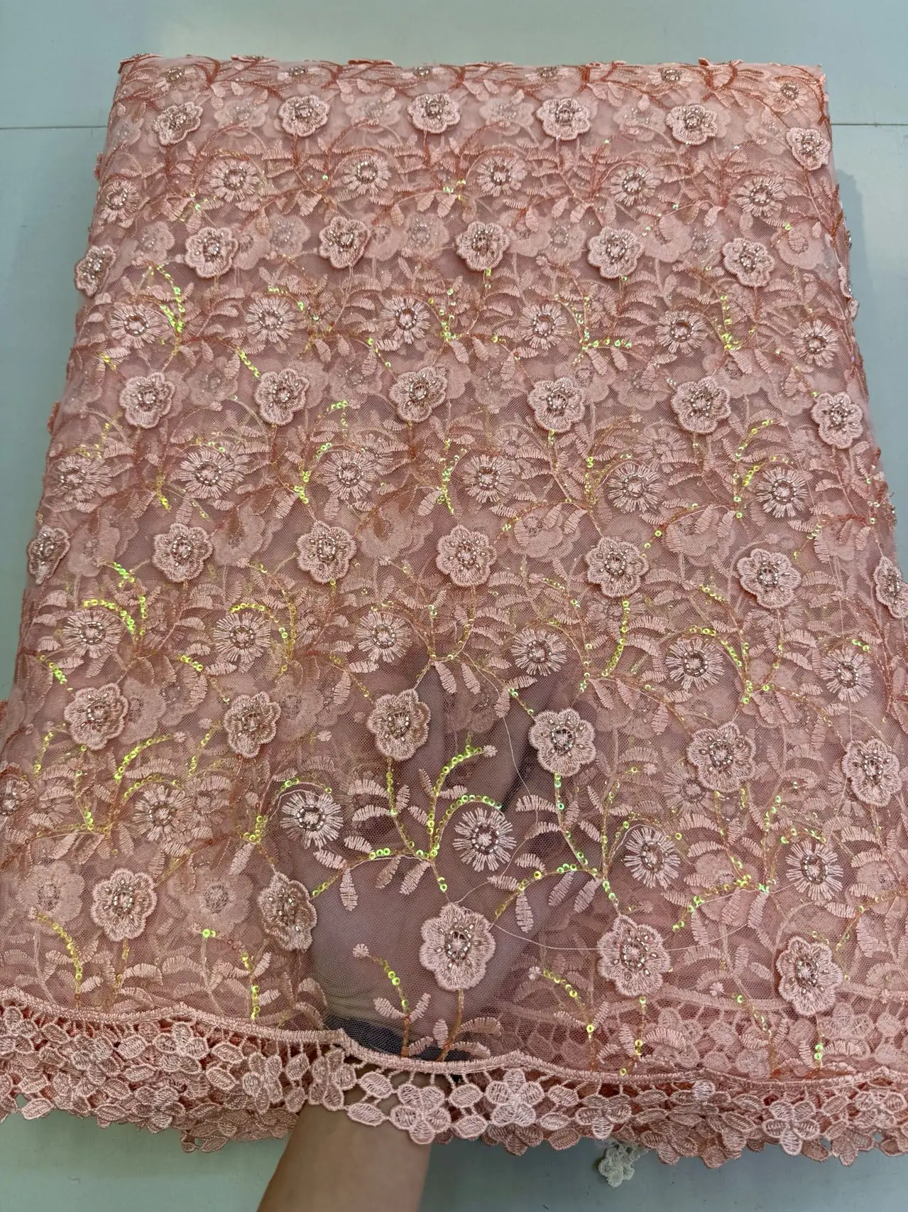 

2025 Latest High Quality African Nigerian With Tulle Sewing Lace Fabric Guipure Embroidery Dresses Sequins 5Yards JY444