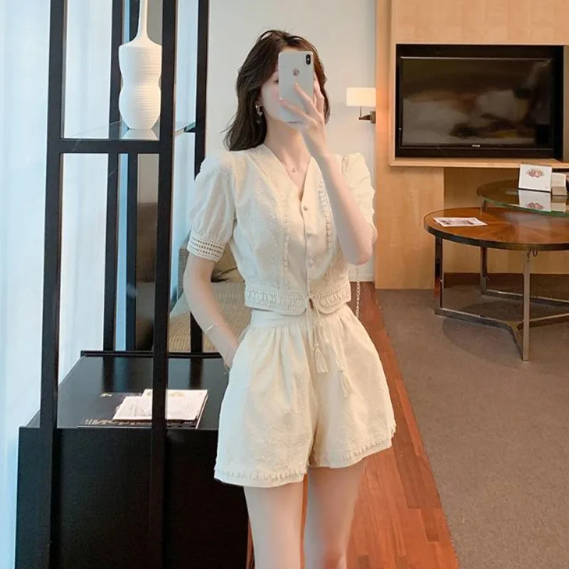 

Women's Short Sets 2 Pieces Cotton Beige Female Shorts Classic Light Top And Bottom Korean Style Promotion Ensembles Full