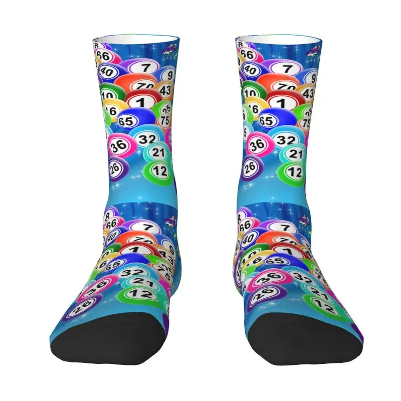 Homens e mulheres Bingo Bolas Vestido Meias, Novidade Paper Game Crew Socks, Moda Quente