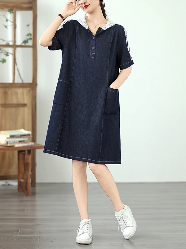 

Ele Lace Trimmed Hooded Denim Dr Women's Summer Loose plus Size Casual ort Sve Midi Dr A-Line Silhouette