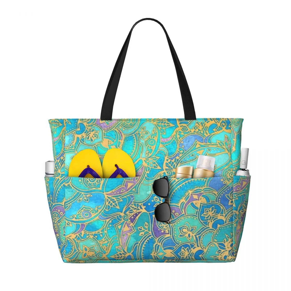 

Sapphire & Jade Stained Glass Mandalas Beach Tote Bag Sport Gym Yoga Duffle Large Tote Bag Women Travel Bag Fitness bag