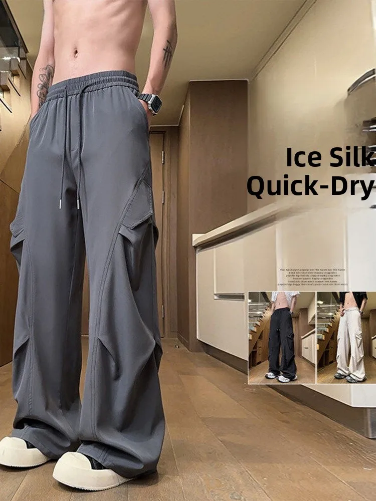

Folded Design Quick Dry Paratrooper Pants Men Summer Thin Ice Silk Straight Leg Workwear Loose Fit Wide Leg Drapey Pants