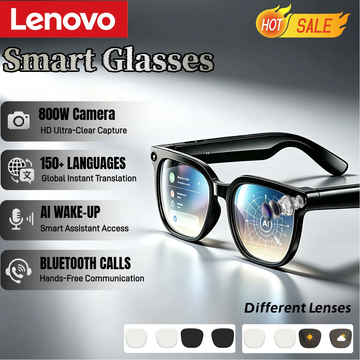 Lenovo 2026 Smart Glasses Men 4K HD Camera 150+Language Translation WIFI Video Recording Bluetooth CallAudio Glasses Women Men