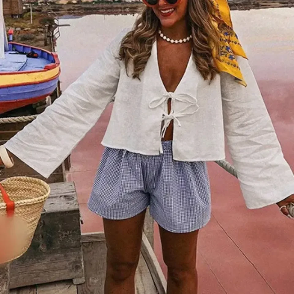 Damen-Sommer-Fest-Freizeithemd, Damen-Hemd mit Puffärmeln, Schößchen-Hemd, Krawatte vorne, Rüschenbluse, Teenager-Mädchen, Schnürung, süß, 2019