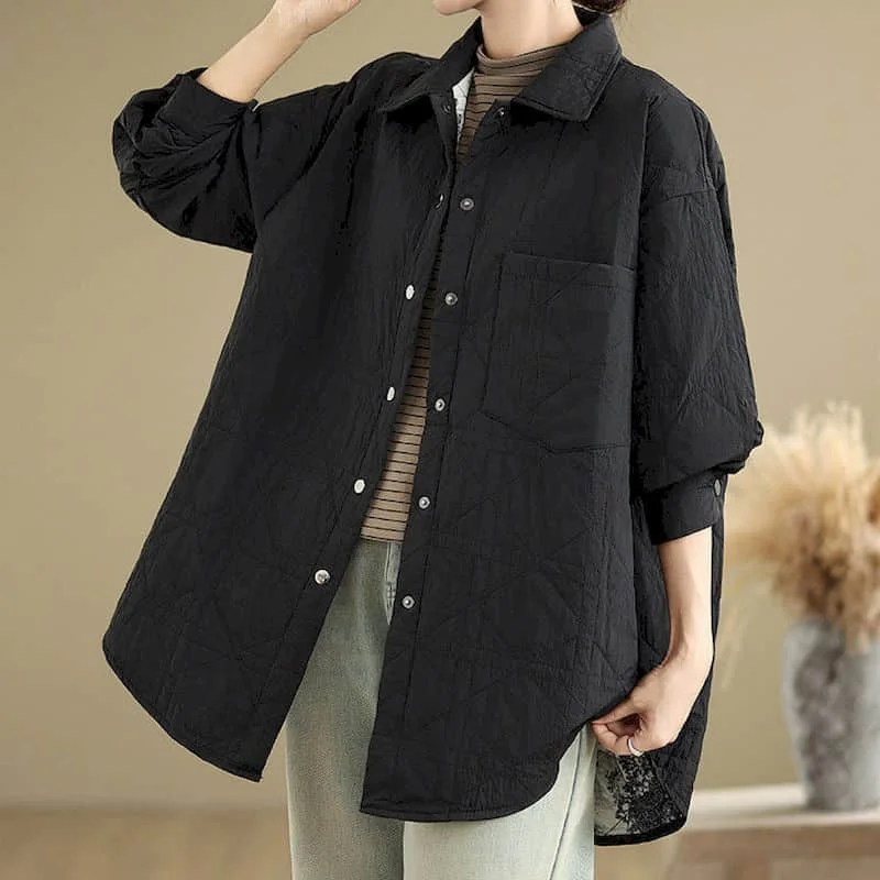 Quilted Coats for Women Vintage Lightweight Cotton Added Shirts Jackets Casual Korean Style Solid Winter Artistic Women Clothing