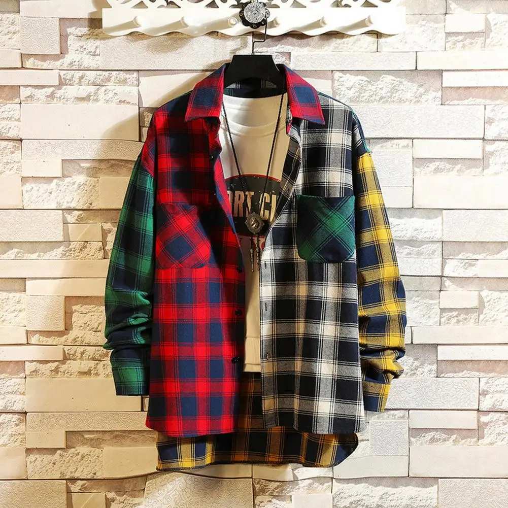 Men Spring Shirt Colorblock Plaid Print Single-breasted Long Sleeve Lapel Buttons Streetwear Cardigan Shirt Coat Spring Summer