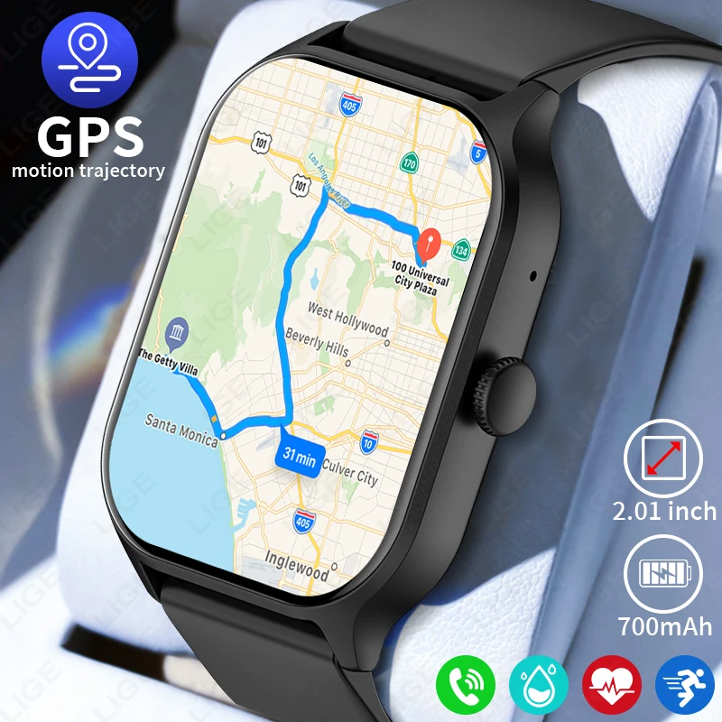 

LIGE GPS Tracker Smart Watch 700mAh Battery 2.01-inch HD Display Sleep Health Monitor 1ATM Waterproof Men Women Smartwatche New