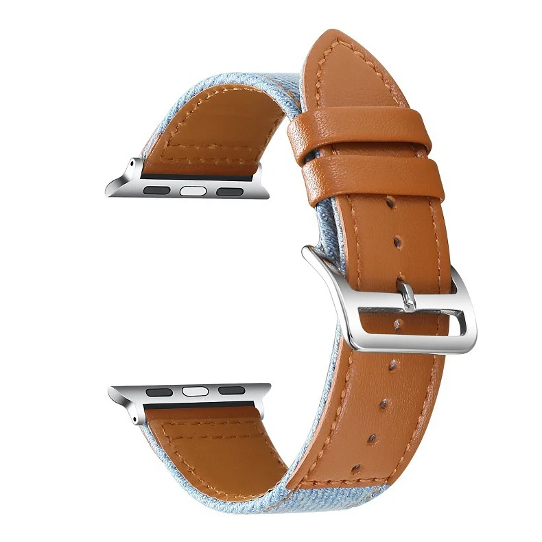 Denim Canvas + Genuine Leather Mixed Color Strap for Apple Watch Series 7/se/6/5/4/3/2/1 (41mm 45mm 42mm 38mm) fashionable