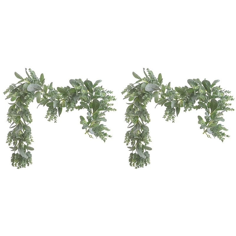 

2Pcs Lambs Ear Garland Greenery And Eucalyptus Vine 38 Inches Long/Light Colored Flocked Leaves/Soft And Drapey Wedding