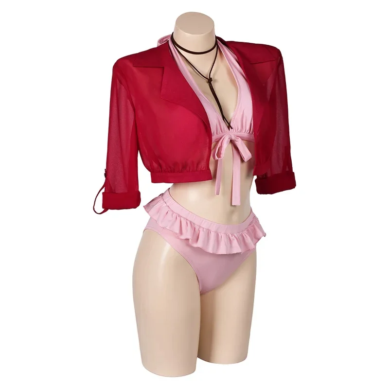 Final Fantasy 7 Aerith Cosplay Swimsuit Costume Disguise for Women Girls Two-Piece Bikinis Set Fantasia Halloween Disguise Suit