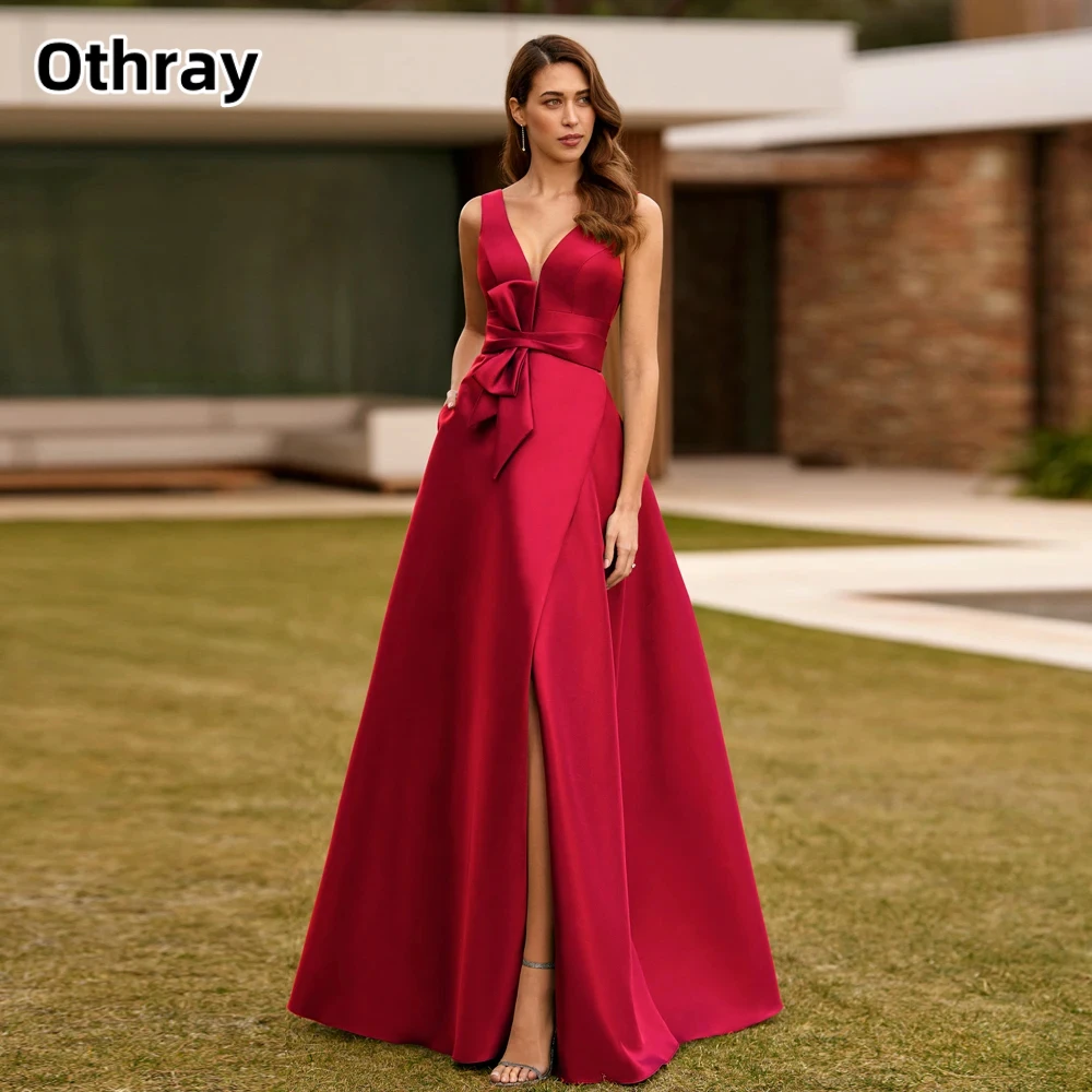 

Othray Satin V Neck Backless Prom Dresses Sleeveless Party Gowns Sash Bow Front Slit Floor Length A-Line Backless Evening Dress