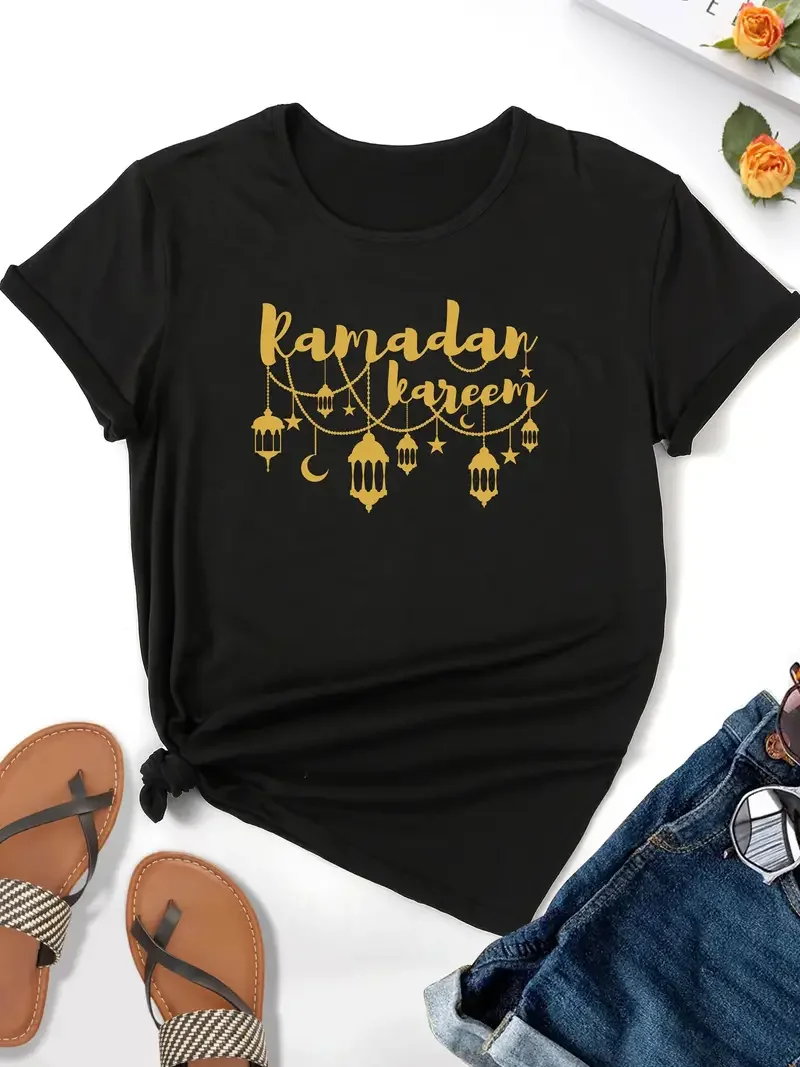 

Ramadan pattern printed minimalist T-shirt for women fashionable T-shirt for women short sleeved round neck Y2K top for women re