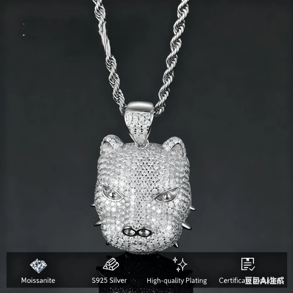 

S925 Sterling Silver Moissanite Men's Pendant Necklace, Wolf Head Design with Diamonds, Hip-Hop Style Jewelry
