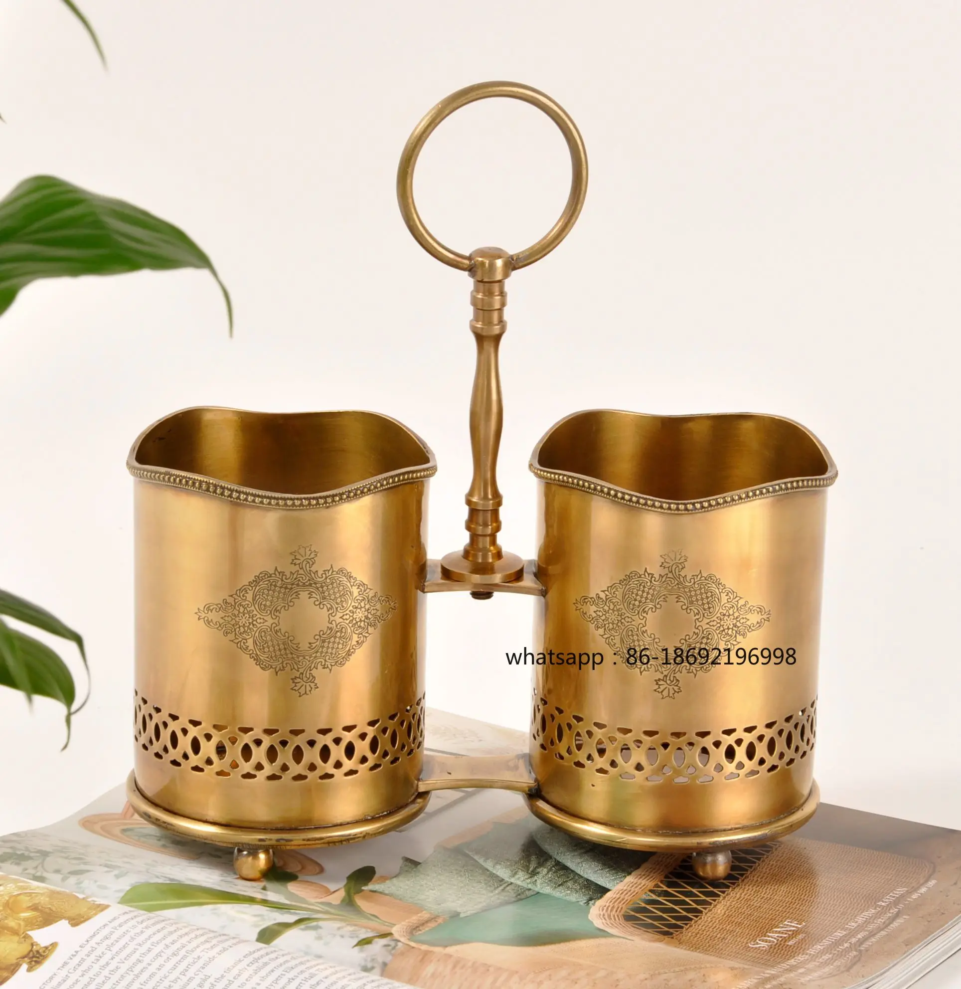 India Imported Brass Handle Cutlery Tube European Style Light Luxury Model Room Living Room Study Pen Holder Storage Decorative
