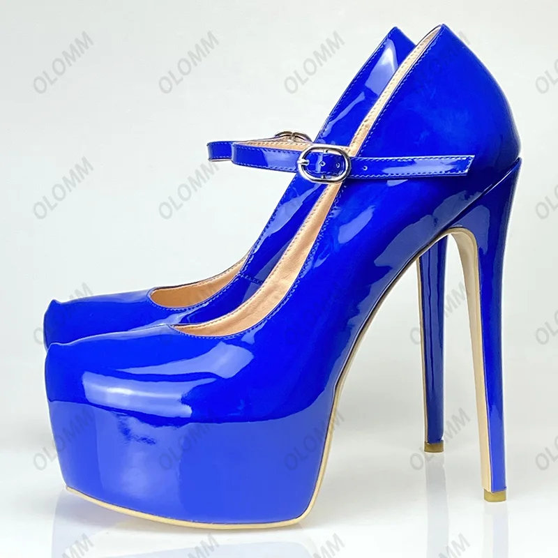 أولوم اليدوية للنساء مضخات لامعة حزام مشبك كعب خنجر جولة اصبع القدم رائع أحمر أصفر أزرق أرجواني حزب أحذية الولايات المتحدة حجم 5-20 #5