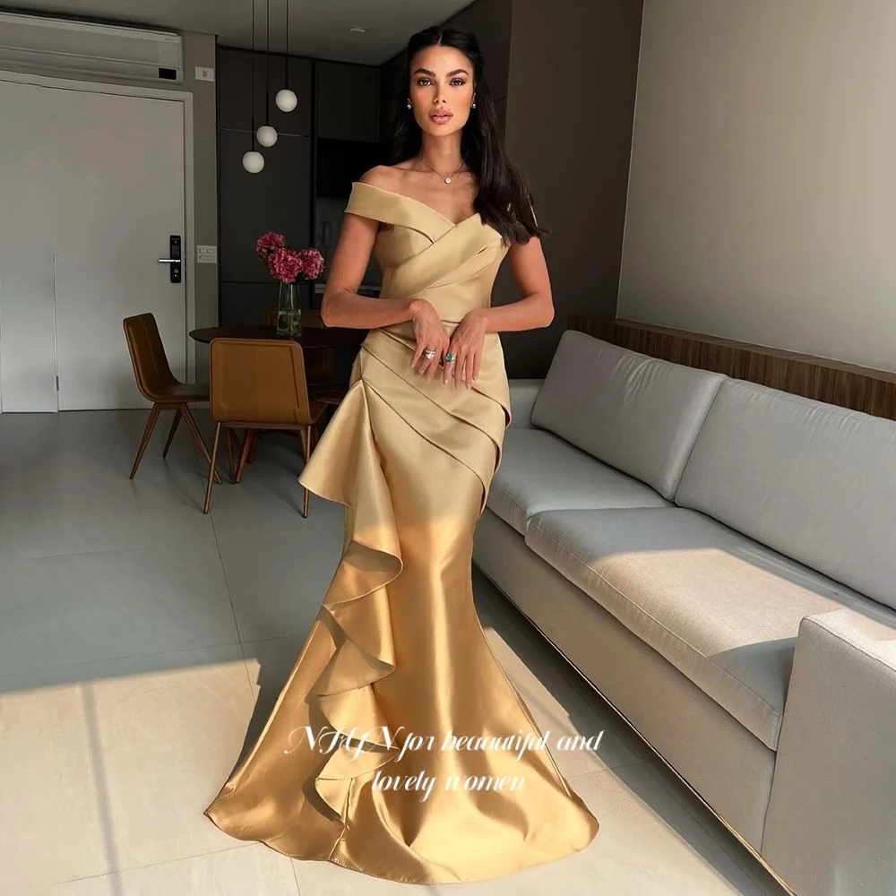 

NFYN Champagne Evening Dress Off Shoulder Prom Dresses with Ruffle Formal Occasion Dress robe de bal for Woman Customized