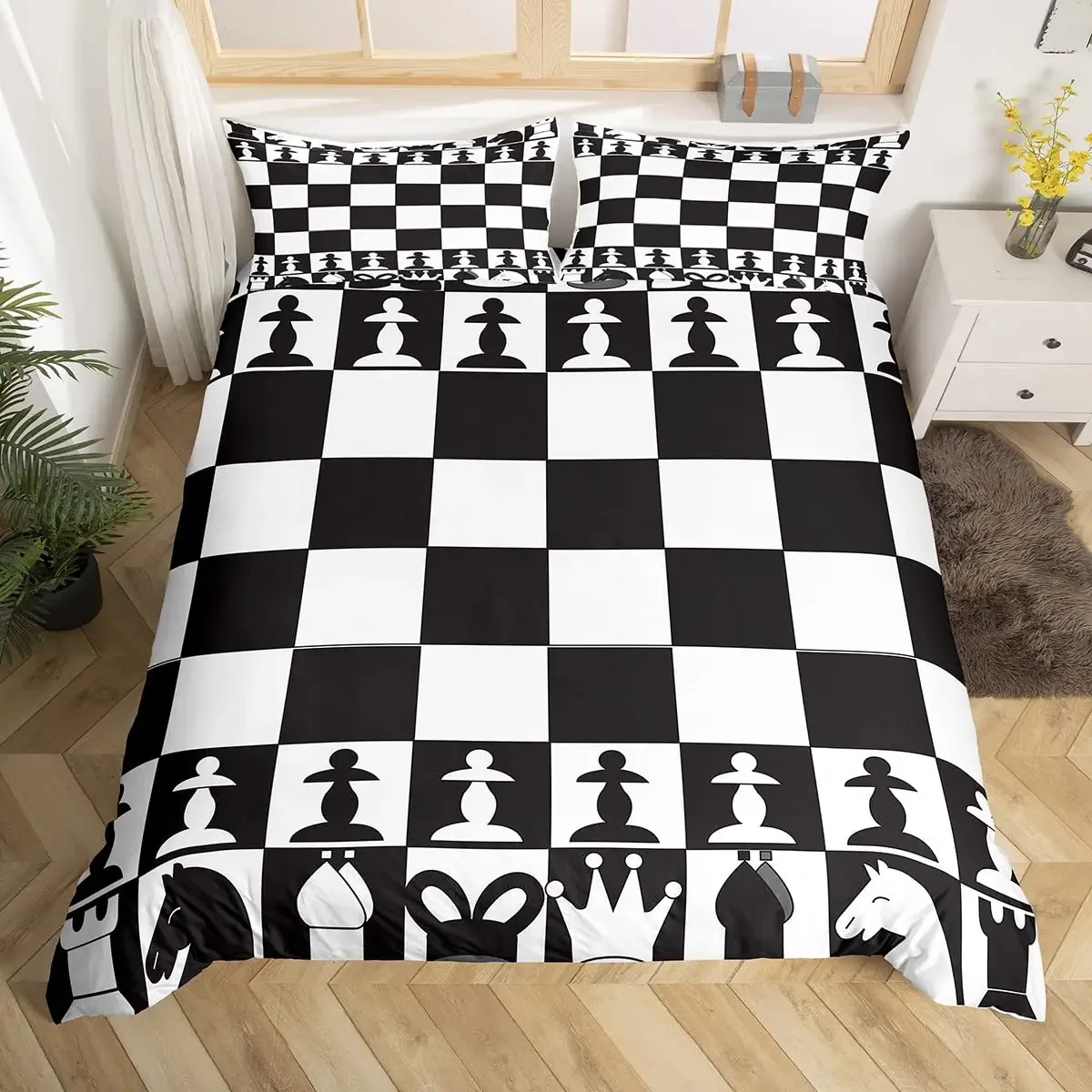 Chess Duvet Cover Set Chess Sports Games Bedding Sets Buffalo Plaid Check Comforter Cover Flowers Checkerboard Quilt Cover Queen