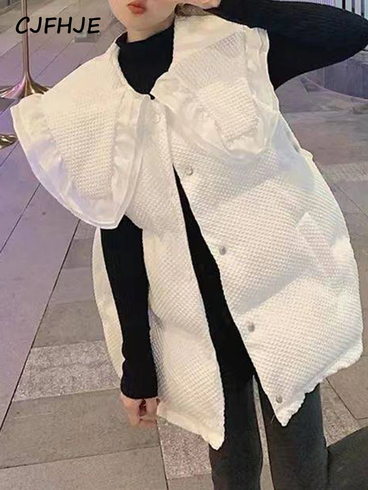 CJFHJE Autumn Winter Loose White Vests Women Black Lotus Leaf Doll Collar Student Lovely Waistcoat Casual Simple Sleeveless Coat