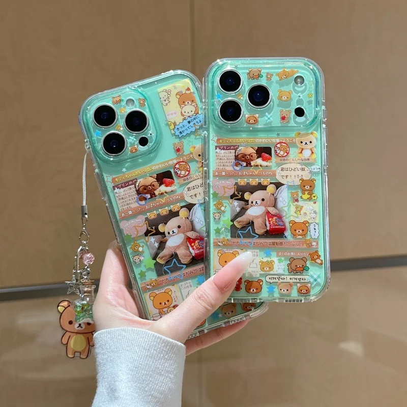 

Kawaii Cartoon Bear Phone Case For iPhone 17 Pro 14 15 16 Pro Max Back Cover with Pendant Shockproof Cute Protective Cases Girls