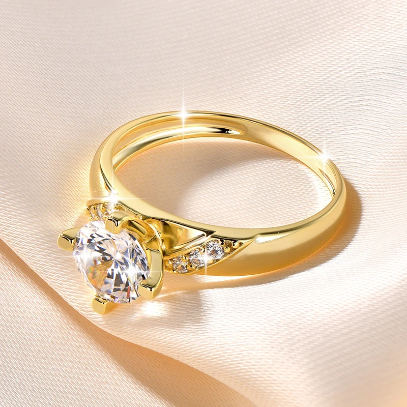 14K Vergoldeter CZ Labor-Diamant Versprechen-Ring 7mm Rundschliff Kubischer Zirkonia Hochzeits-Verlobungsringe für Frauen – Detail 6