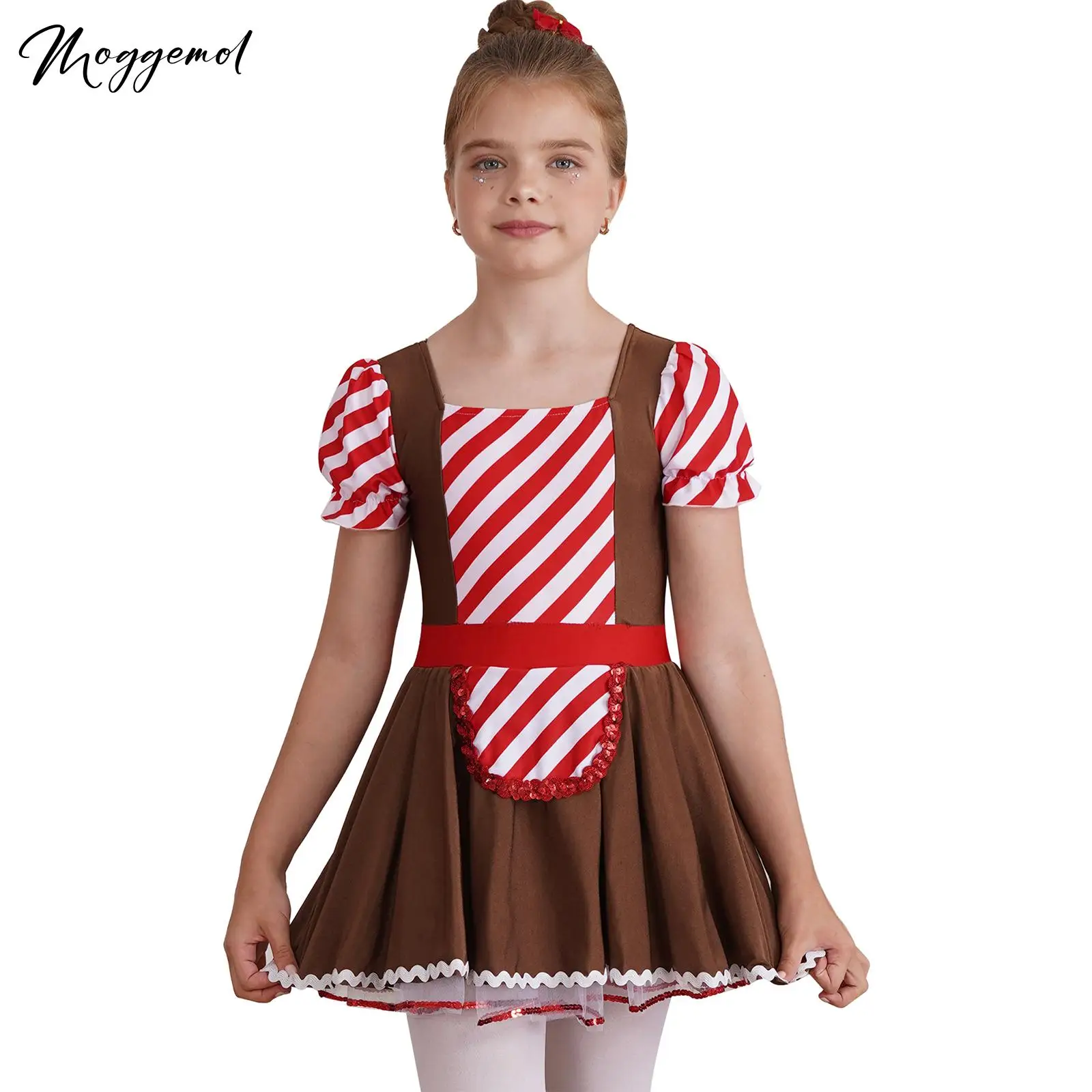 

Kids Girls Christmas Gingerbread Costumes Halloween Cookie Role Dress Up Outfits Stripe Patchwork Sequin Lace Trim Tutu Dress