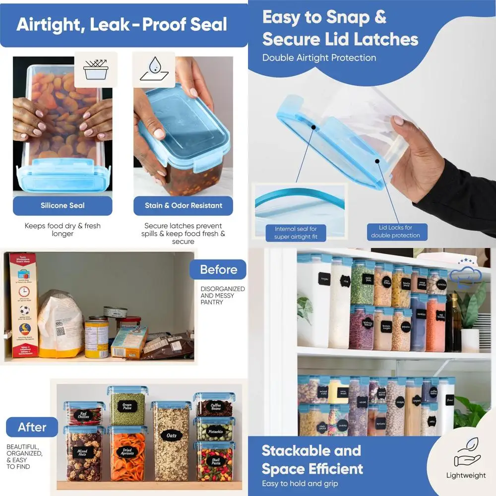 

24 упаковки синих герметичных пищевых контейнеров с крышками для хранения на кухне — органайзеры без BPA для круп, коричневого сахара, сухих товаров