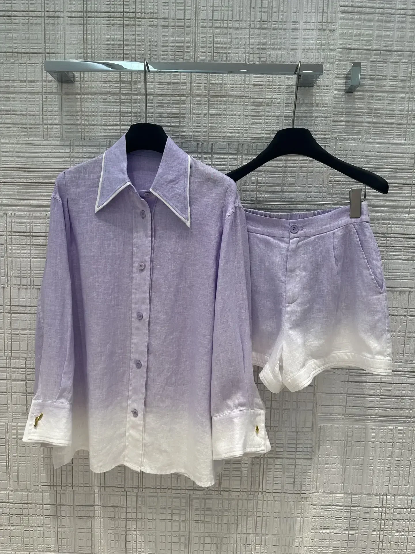 

Women Summer Sets Red White Yellow Violet Purple Gradient Fading Tie Dye Long Sleeve Blouse Tops and Shorts Set 2024 for Holiday